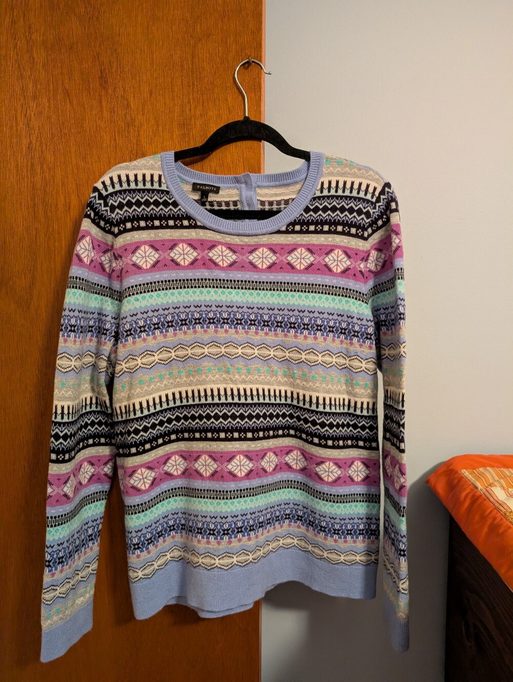 Talbots Lavender Multi Fair Isle Crewneck Sweater Lamb's Wool Blend Women Size L